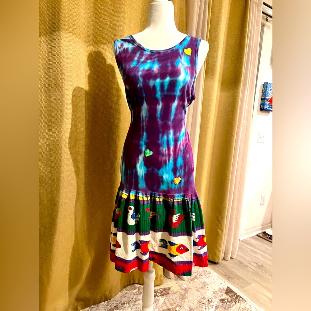 Hand Made tie dye MIDI Dress. Very colourful and stretchy. With heart details.
